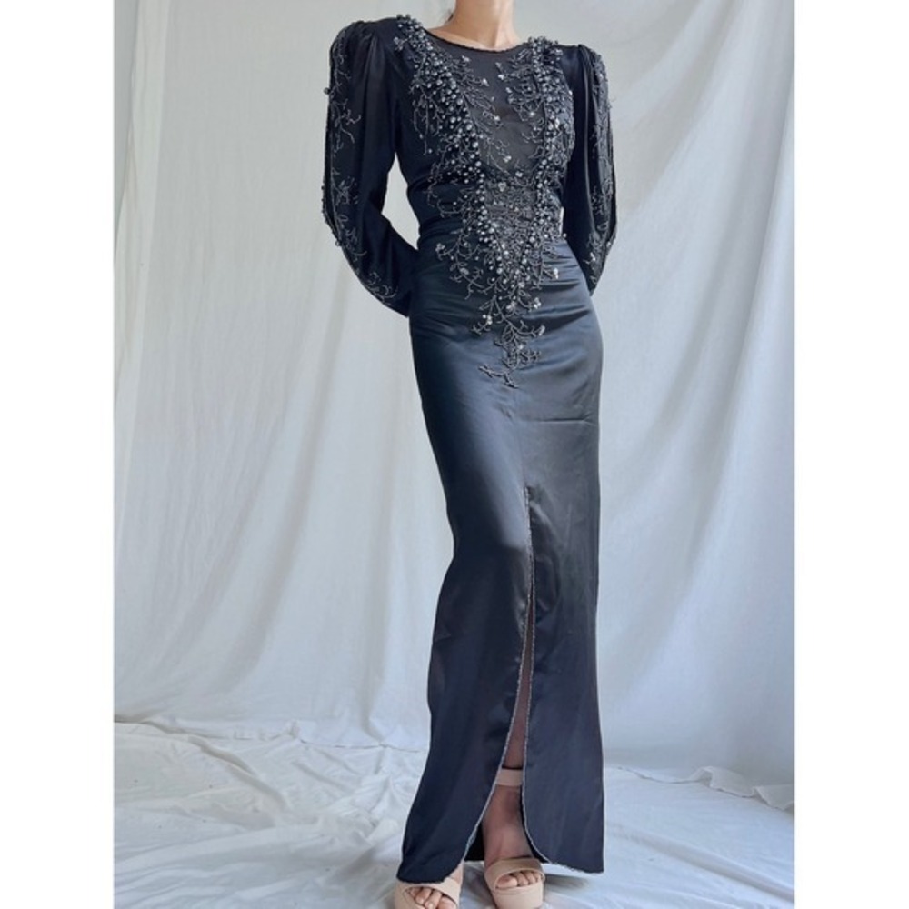 Vintage Pave Beaded Satin Evening Gown Dress
